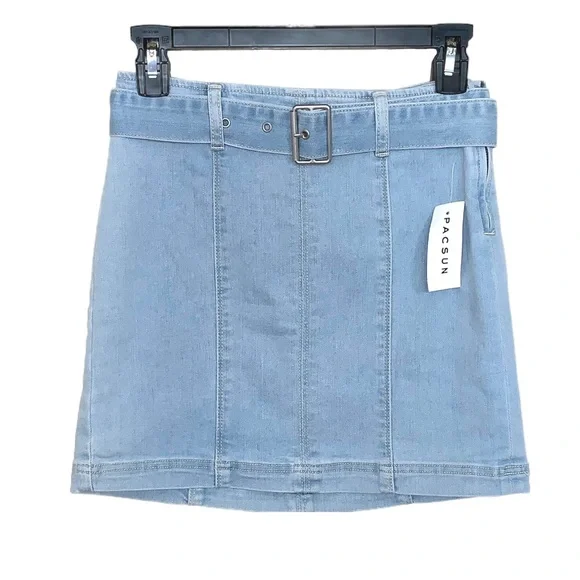 PacSun Belted Panel Light Wash Denim Mini Skirt Size 24 - Picture 2 of 11